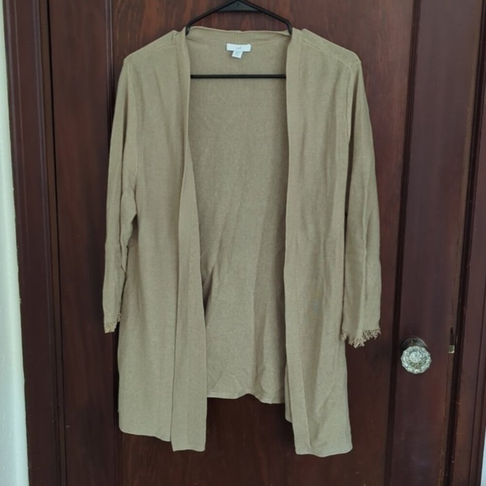 J.Jill Camel Brown 3/4 Fringe Sleeve Open Linen Blend Cardigan Size Med Petite